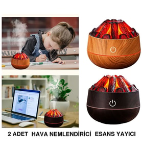 2 ADET ŞÖMİNE TASARIMLI USB LI LED AYDINLATMALI HAVA NEMLENDİRİCİ,AROMATERAPİK HAVA DİFÜZÖRÜ,BUHURDANLIK,,SİS SPREYLİ GECE LAMBASI, 300 ml 10x10X10,3cm KAHVERENGİ