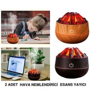 2 ADET ŞÖMİNE TASARIMLI USB LI LED AYDINLATMALI HAVA NEMLENDİRİCİ,AROMATERAPİK HAVA DİFÜZÖRÜ,BUHURDANLIK,,SİS SPREYLİ GECE LAMBASI, 300 ml 10x10X10,3cm KAHVERENGİ