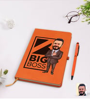 BK Gift Kişiye Özel Erkek Big Boss Karikatürlü Turuncu Termo Deri Defter Kalem Seti Model 1