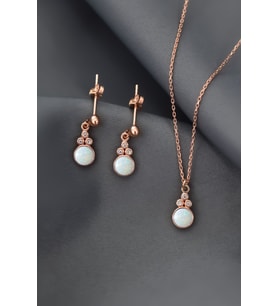 Papatya Silver 925 Ayar Gümüş Rose Kaplama Beyaz Opal Yuvarlak Kolye Ve Çift Çivili Küpe Set