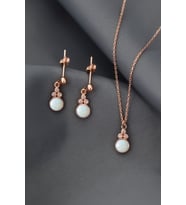 Papatya Silver 925 Ayar Gümüş Rose Kaplama Beyaz Opal Yuvarlak Kolye Ve Çift Çivili Küpe Set