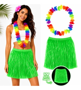 Neon Yeşil Hawaii Etek 40 cm ve Rengarenk Hawaii Kolye