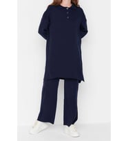 Moda Triko Yüksek Bel Düz Polo Yaka Düşük Kol Casual Günlük Polo Yaka Tunik-Pantolon Triko Takım