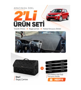 KİA CEED (2006-2012) Uyumlu Torpido Örtüsü + Deri Bagaj Çantası + Sticker Seti - Siyah