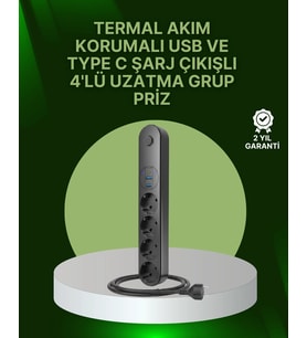 4 Priz 2 Usb 1 Type-C Akım Korumalı Çoklu Priz Led Anahtarlı