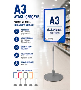 A3 Ayaklı Çerçeve Seti Yuvarlak Tabanlı Teleskopik Fiyat Etiketi Standı Mavi