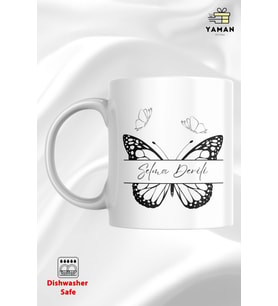 Kişiye Özel Kupa Bardağı Kelebek Desenli (Makinada yıkanabilir.)