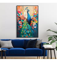 Yağlı Boya Dokulu Tablo Modern Renkli Tavus Kuşu Siyah Çerçeveli U04031