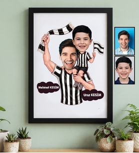 Kişiye Özel Karikatürlü Siyah Beyaz Taraftar Baba Oğul Siyah Çerçeve Babalar Günü Hediyesi