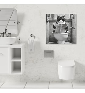 Tekli Kare Kanvas Banyo Tablosu Gazete Okuyan Kedi