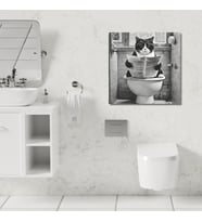Tekli Kare Kanvas Banyo Tablosu Gazete Okuyan Kedi