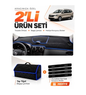 e-biz DACIA LODGY (2010-2017) Uyumlu Torpido Örtüsü + Tay Tüyü Bagaj Çantası - Siyah-Mavi - DA007