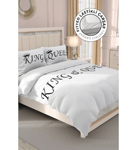 Lastikli Çarşaflı %100 Pamuk Saten Çift Kişilik Nevresim Takımı White King-queen