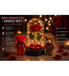 Led Işıklı Mika Fanus Solmayan Yapay Kırmızı Gül & 2 Mini Peluş Ayıcık Sevgiliye Romantik Hediye Set