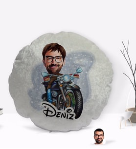 BK Gift Kişiye Özel İsimli Erkek Motorcu Karikatürlü Yuvarlak Dekoratif Kırlent Yastık-2