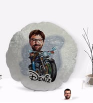 BK Gift Kişiye Özel İsimli Erkek Motorcu Karikatürlü Yuvarlak Dekoratif Kırlent Yastık-2