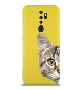 Oppo A9 2020 Uyumlu Lansman Kılıf Catface Tasarımlı İçi Kadife Kapak-Sarı (Şeffaf)