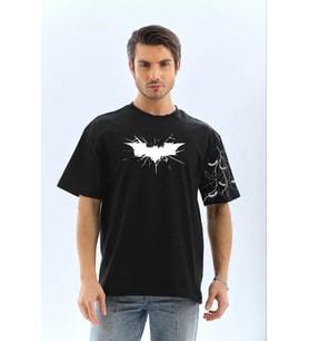 Unisex Ön Ve Kol Baskılı Oversize T-shirt - Siyah