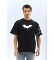 Unisex Ön Ve Kol Baskılı Oversize T-shirt - Siyah