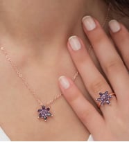 Rose Altın Kaplama Zirkon Taşlı Nilüfer Çiçeği Kadın Kolye Yüzük Set (Mor)