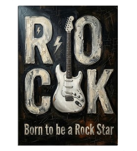 Beyaz Gitarlı Rock Born To Rock Star Dekoratif Kanvas - Mdf Ahşap Tablo