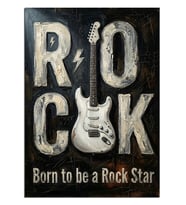 Beyaz Gitarlı Rock Born To Rock Star Dekoratif Kanvas - Mdf Ahşap Tablo