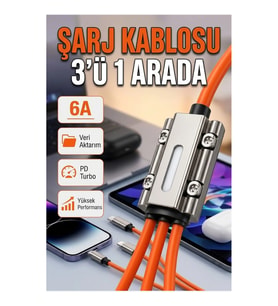 120W Hızlı Şarj ve Veri Aktarım Destekli Type-C, Lightning, Micro USB 3'ü 1 Arada Kablo