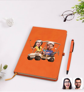 BK Gift Kişiye Özel Sevgililer Karikatürlü Turuncu Termo Deri Defter Kalem Seti Model 96