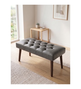 Gri Deri Kumaş Bench Puf Oturma Bankı Ahşap Ayaklı 90x45