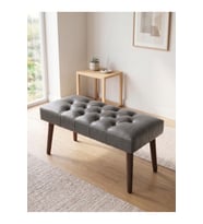 Gri Deri Kumaş Bench Puf Oturma Bankı Ahşap Ayaklı 90x45