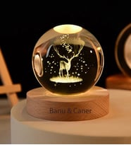 3D Kristal Top Geyik Model Ahşap Standlı Usb Kablolu