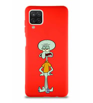 Samsung Galaxy A12 Soft Premier Kapak Squidward Dokunaç Tasarımlı Silikon Kılıf - Kırmızı (Şeffaf)