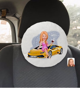 BK Gift Kişiye Özel Plakalı Kadın Lamborghini Karikatürlü Yuvarlak Araç Koltuk Yastığı-1