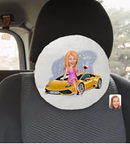 BK Gift Kişiye Özel Plakalı Kadın Lamborghini Karikatürlü Yuvarlak Araç Koltuk Yastığı-1