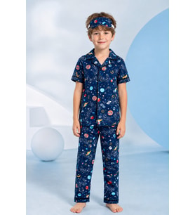 Erkek Çocuk Lacivert Uzay Temalı Düğmeli Pijama Takımı Yazlık Pamuklu Kısa Kollu Uyku Bantlı