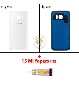 Samsung Galaxy S7 Beyaz Renk Arka Kapak + B7000 Yapıştırıcı Arka Cam Batarya Kapağı Pil Kapağı Lazer Kesim Back Cover Galaxy S7 Uyumlu