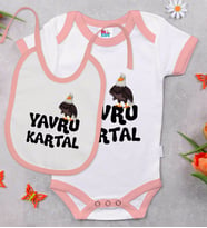 BK Kids Yavru Kartal Tasarımlı Pembe Bebek Body Zıbın ve Mama Önlüğü Hediye Seti-1