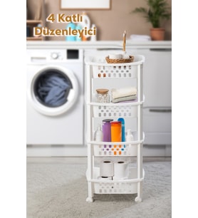 Porsima 79-1 4 Katlı Tekerlekli Organizer Raf  Çok Amaçlı Mutfak Banyo Düzenleyici Raf Ünitesi Beyaz