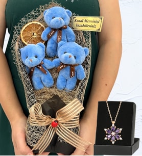 Kişiye Özel Büyük Boy 3'lü Tasarım Peluş Ayıcık Buketi ve Gerçek Ametist Taşlı Lotus Kolye (Model 3)
