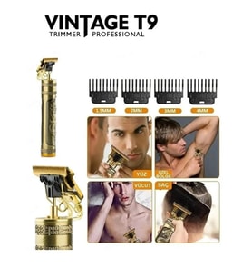 Vintage T9 Profesyonel Şarjlı Saç ve Sakal Kesme Makinesi – Metal Gövdeli Trimmer, 0 mm Kesim, 4 Başlıklı Erkek Tıraş Makinesi