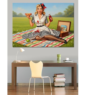 Piknik Yapan Pin Up Kadın Dekoratif Kanvas - Mdf Ahşap Tablo