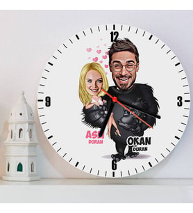 Goril ve Sevgilisi Karikatürlü Yıldönümü Hediyesi Kişiye Özel Duvar Saati