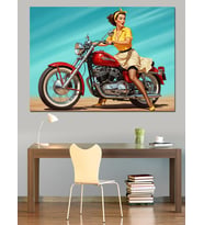Kırmızı Motosikletli Retro Kadının Yolculuğu Dekoratif Kanvas - Mdf Ahşap Tablo