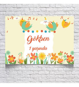 Müzik ve Kuş Temalı Doğum Günü Afişi 35X50 cm Resimli