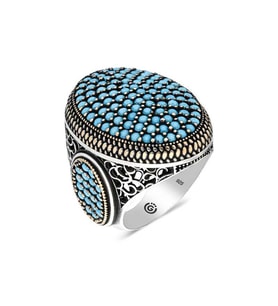 Gümüş Turkuaz Zirkon Taşlı Oval Erkek Yüzük  SL4545