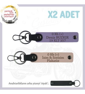 Motor Aşıklarına Özel İsim Plaka ve 0 Rh (+) Kan Grubu Yazılı x2 Deri Anahtarlık, Yavruağzı-Mor-Syh (Çok Renkli)