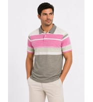 Erkek Flamlı Penye Çizgili Polo Yaka Tişört Kısa Kol Yazlık T-Shirt - Gri