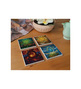 Atölye Renkli Cam ve Doğa Temalı Bardak Altlığı 4’lü Set Doğal Taş (10x10 cm)