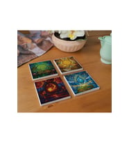 Atölye Renkli Cam ve Doğa Temalı Bardak Altlığı 4’lü Set Doğal Taş (10x10 cm)