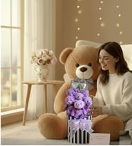 Premium 90 cm Peluş Ayı ve Silindir Kutuda, Kalpli Balonlu 6’lı Mor Ayıcık Buketi (Kahverengi)